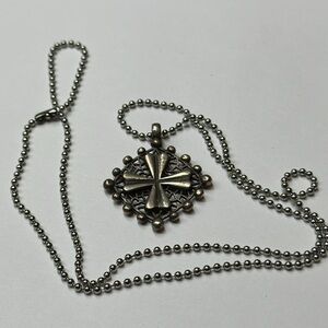 Artisan cross necklace silver pendant on silver tone bead ball chain